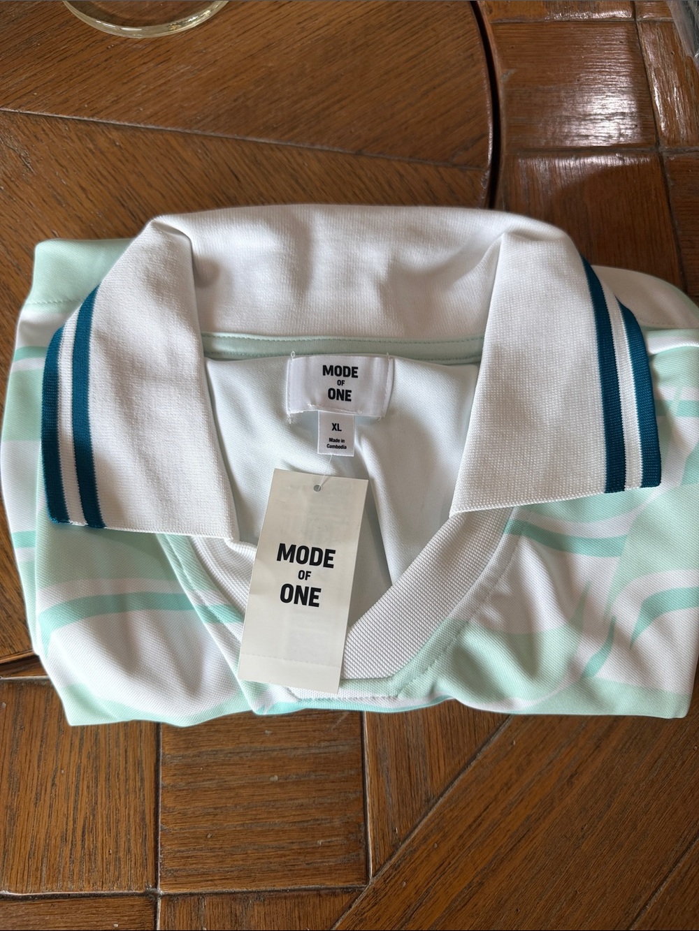 Men's Mint & White Stripe Polo with Teal Collar Trim